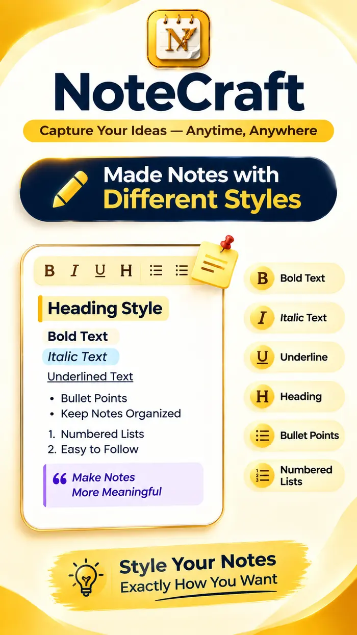 NoteCraft rich text formatting — bold, italic, headings and lists